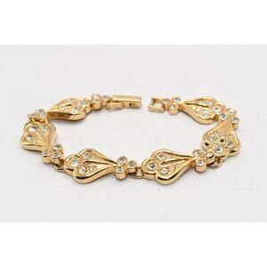 Vintage 90s Gold Tone Rhinestone Bracelet Clear Crystals 7.5”